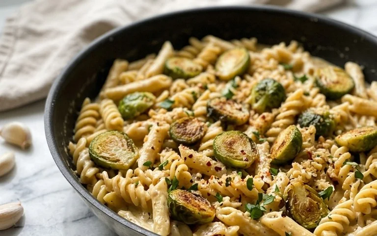 Vegan One Pot Creamy Garlic Brussels Sprouts Pasta